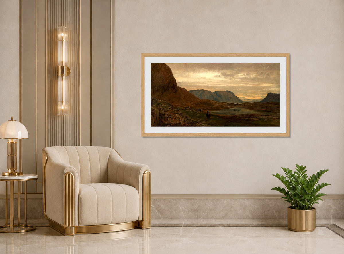 Amaldus Nielsen Print, Stavenes, Søndfjord (1866) displayed in an Art Deco interior