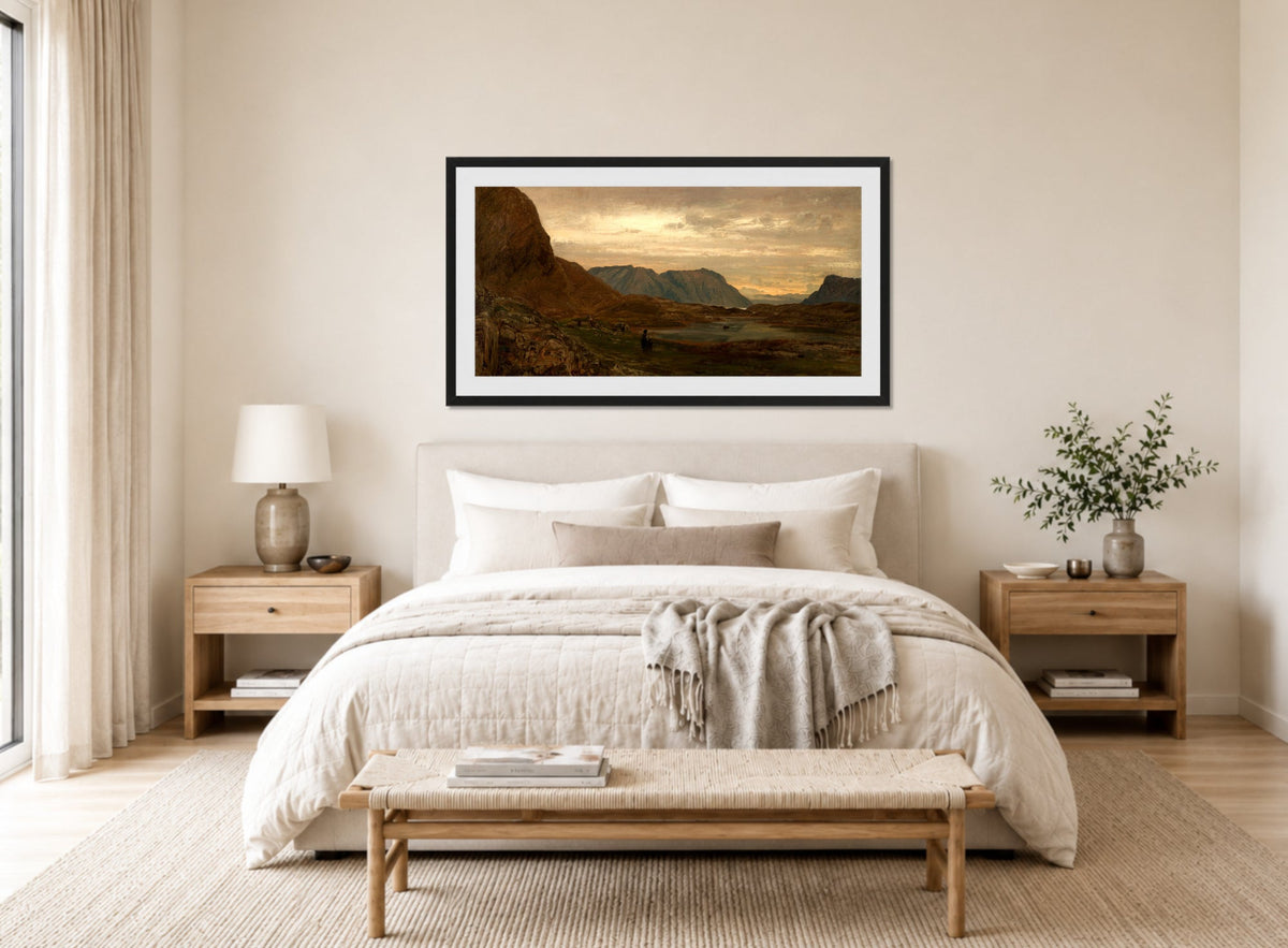 Amaldus Nielsen Print, Stavenes, Søndfjord (1866) displayed above a bed