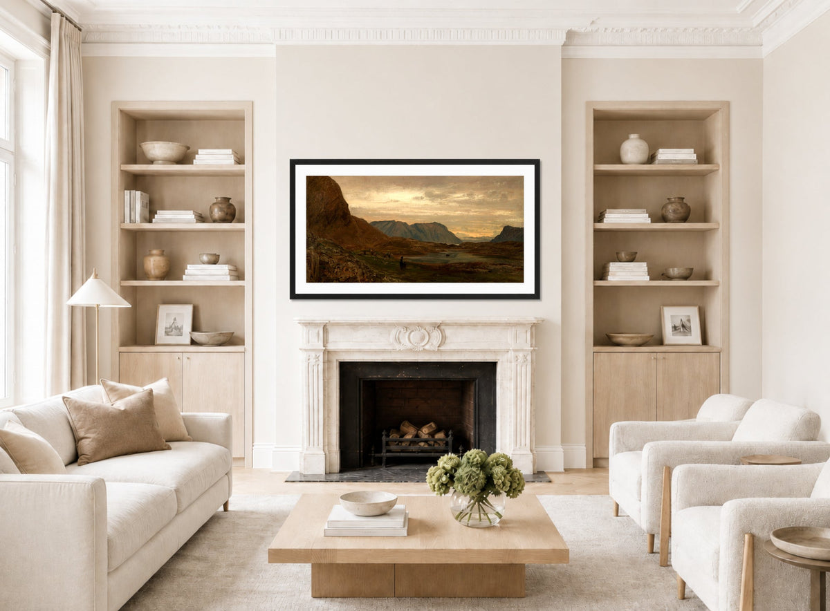 Amaldus Nielsen Print, Stavenes, Søndfjord (1866) displayed in a Scandinavian living room