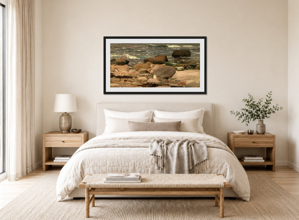 Amaldus Nielsen Print, Stenstudie, Hvaler (1872) displayed above a bed