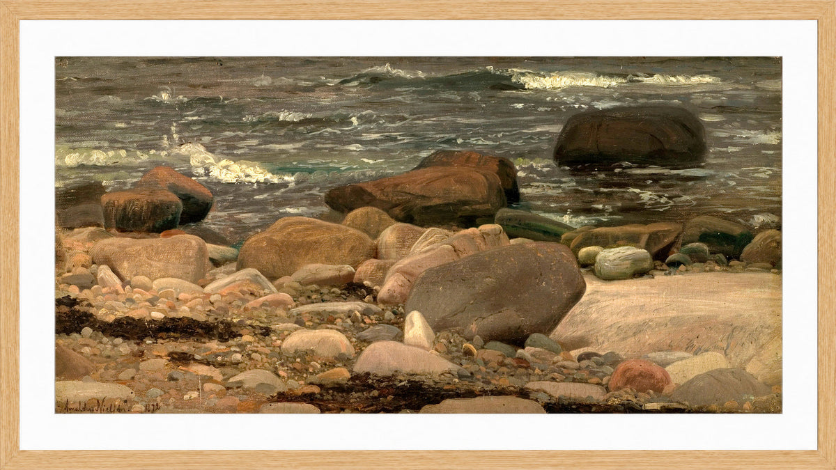 Amaldus Nielsen Print, Stenstudie, Hvaler (1872) in a light oak frame