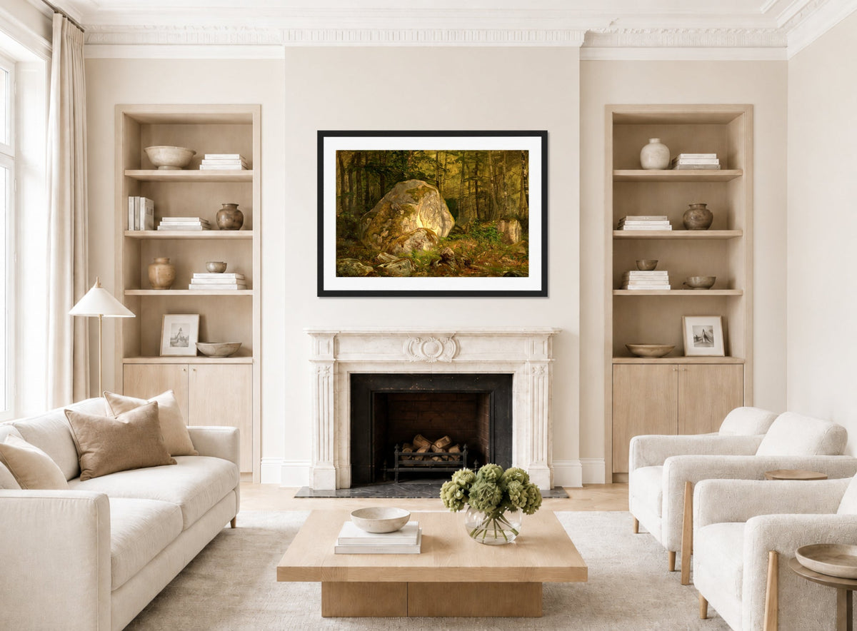 Amaldus Nielsen Print, Stenstudie, Ulvegjeldsheien (1872) displayed in a Scandinavian living room