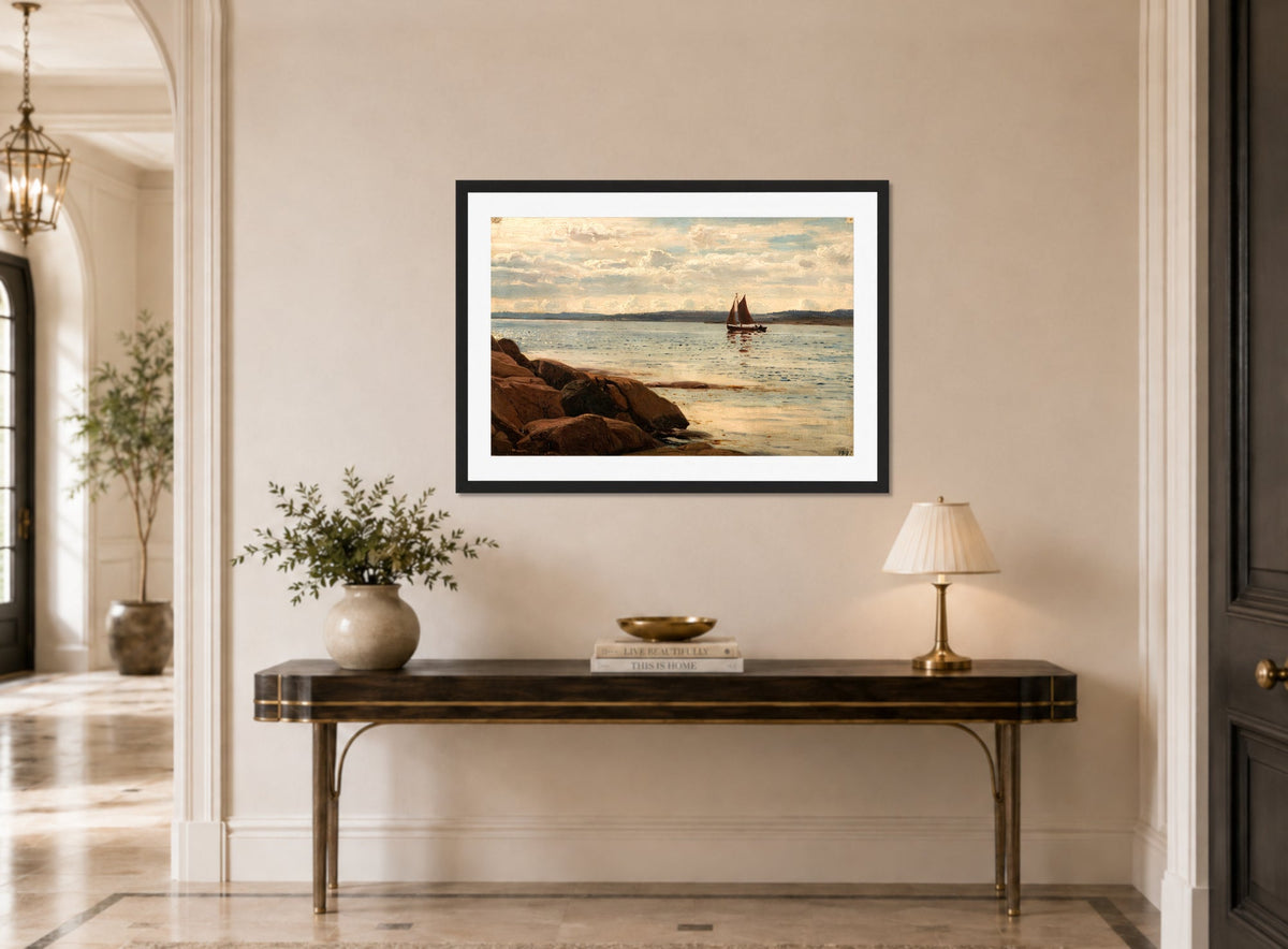 Amaldus Nielsen Print, Strandparti, Hvaler (1896) displayed above a console table
