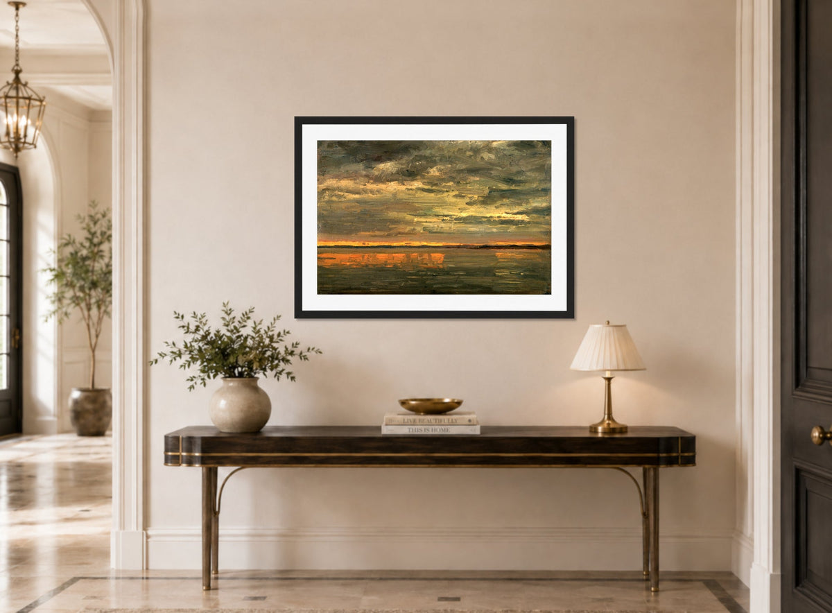 Amaldus Nielsen Print, Svartstille (1898) displayed above a console table