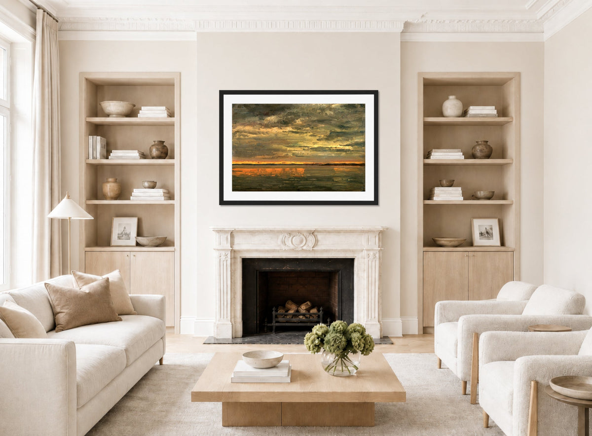 Amaldus Nielsen Print, Svartstille (1898) displayed in a Scandinavian living room