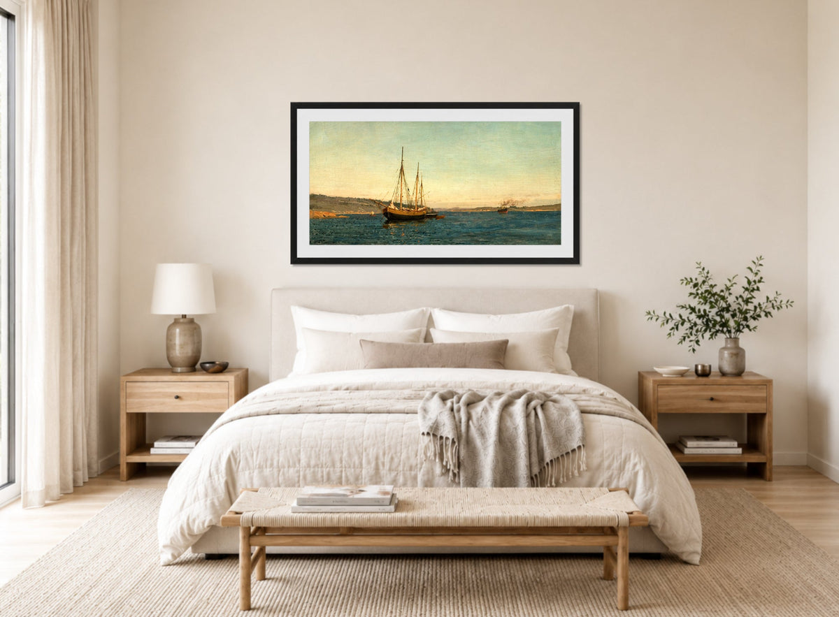 Amaldus Nielsen Print, Svenske fiskere, Hvaler (1898) displayed above a bed