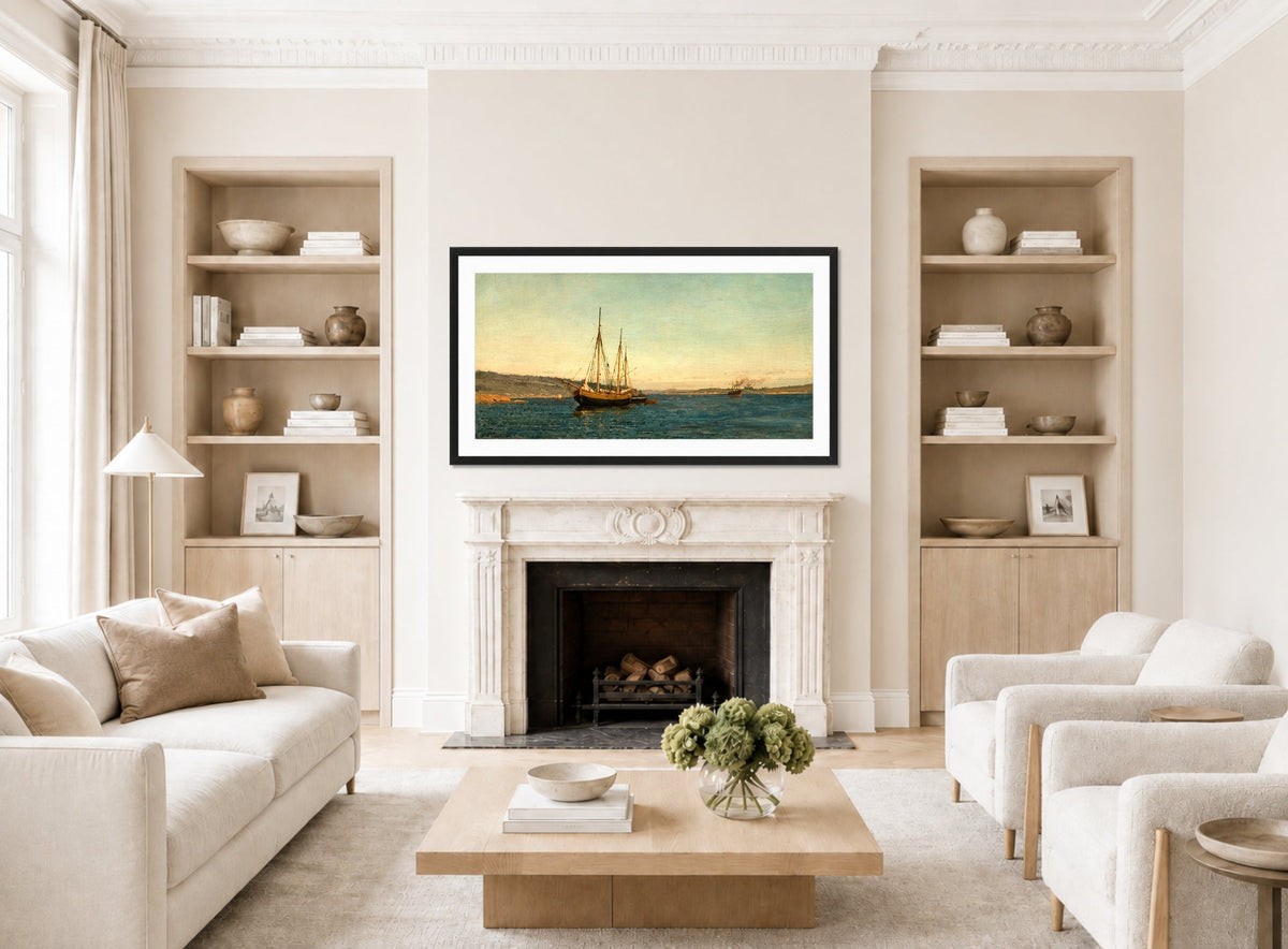 Amaldus Nielsen Print, Svenske fiskere, Hvaler (1898) displayed in a Scandinavian living room