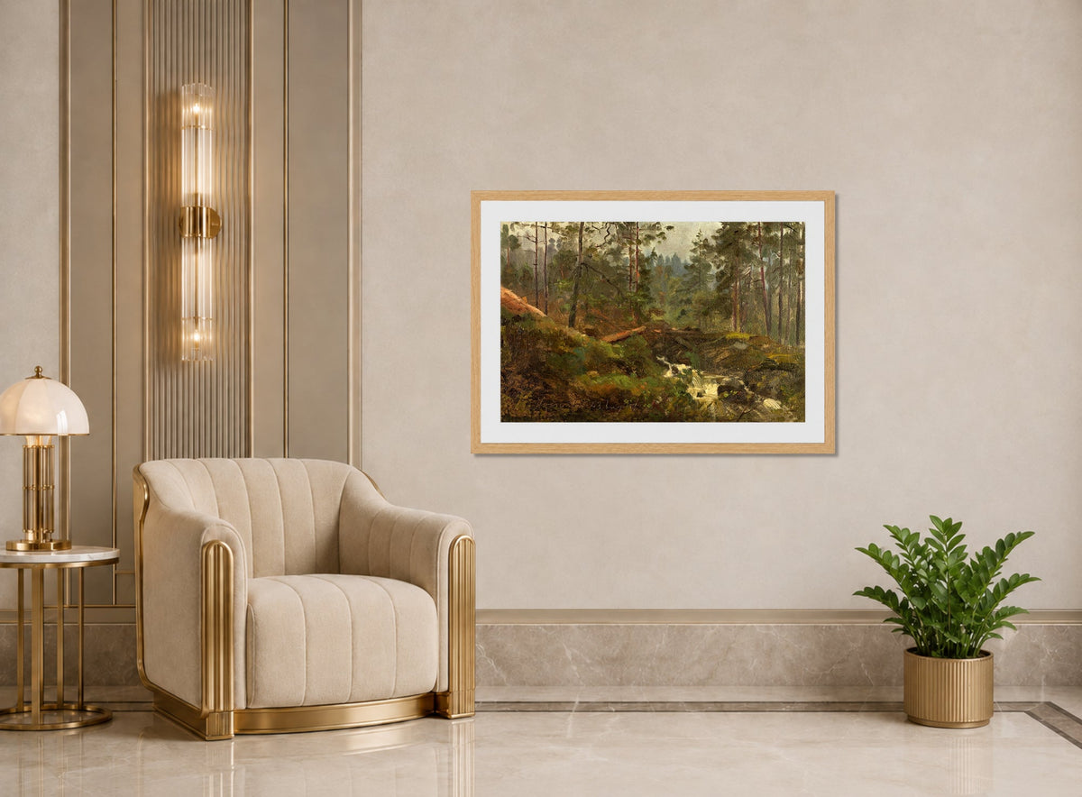 Amaldus Nielsen Print, Svinestad, Mandal (1859) displayed in an Art Deco interior
