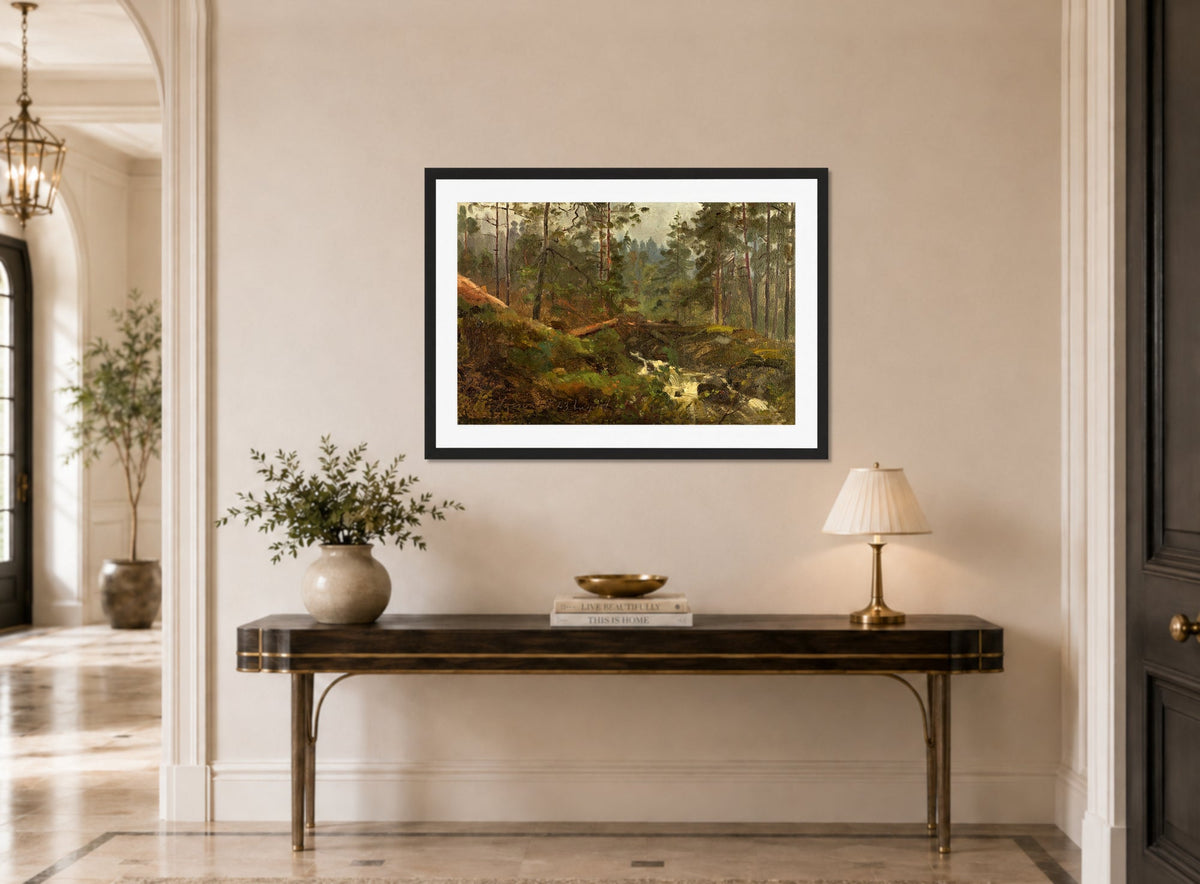 Amaldus Nielsen Print, Svinestad, Mandal (1859) displayed above a console table