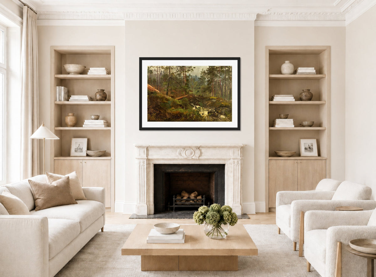 Amaldus Nielsen Print, Svinestad, Mandal (1859) displayed in a Scandinavian living room