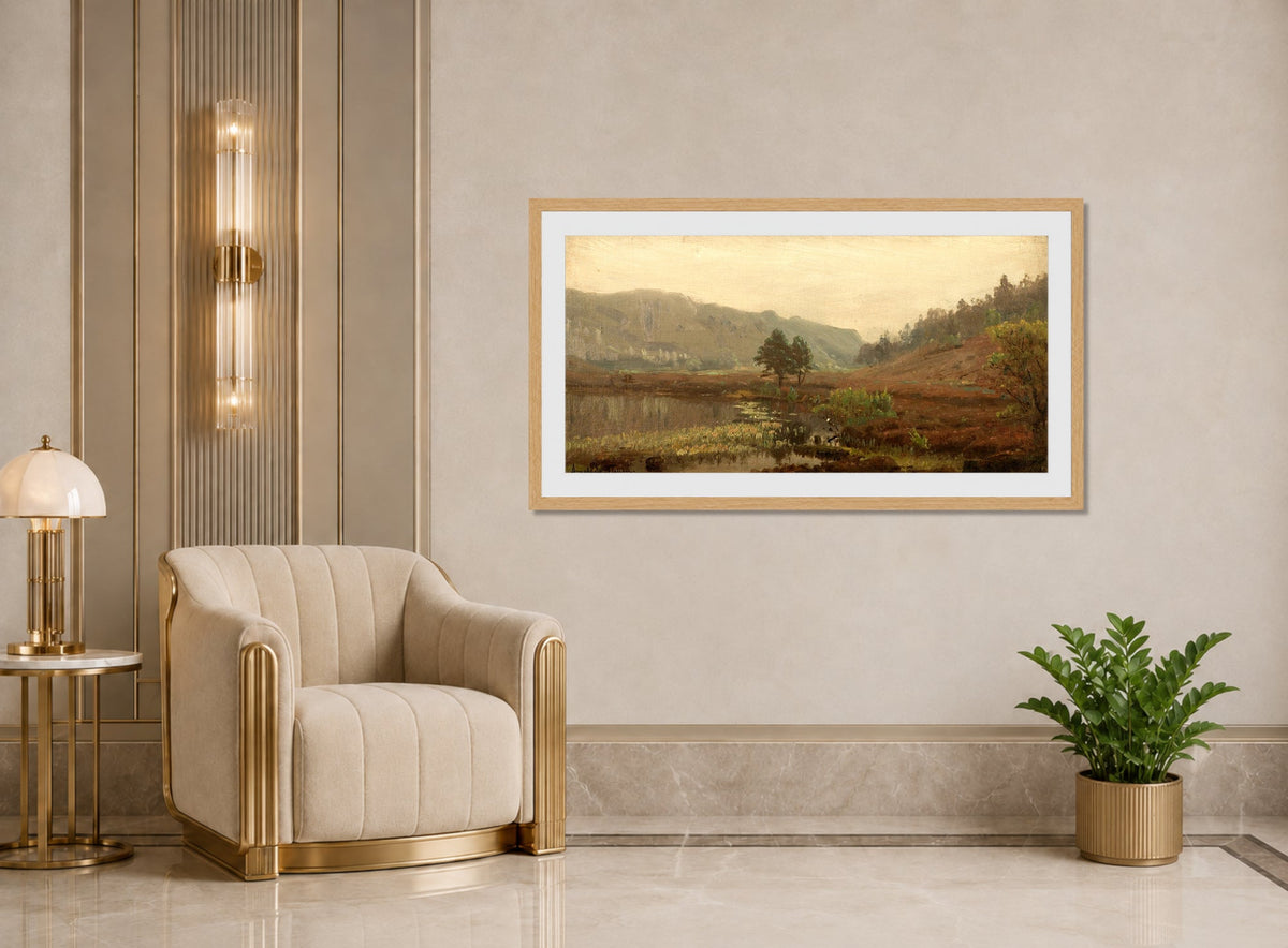 Amaldus Nielsen Print, Tåkestemning displayed in an Art Deco interior