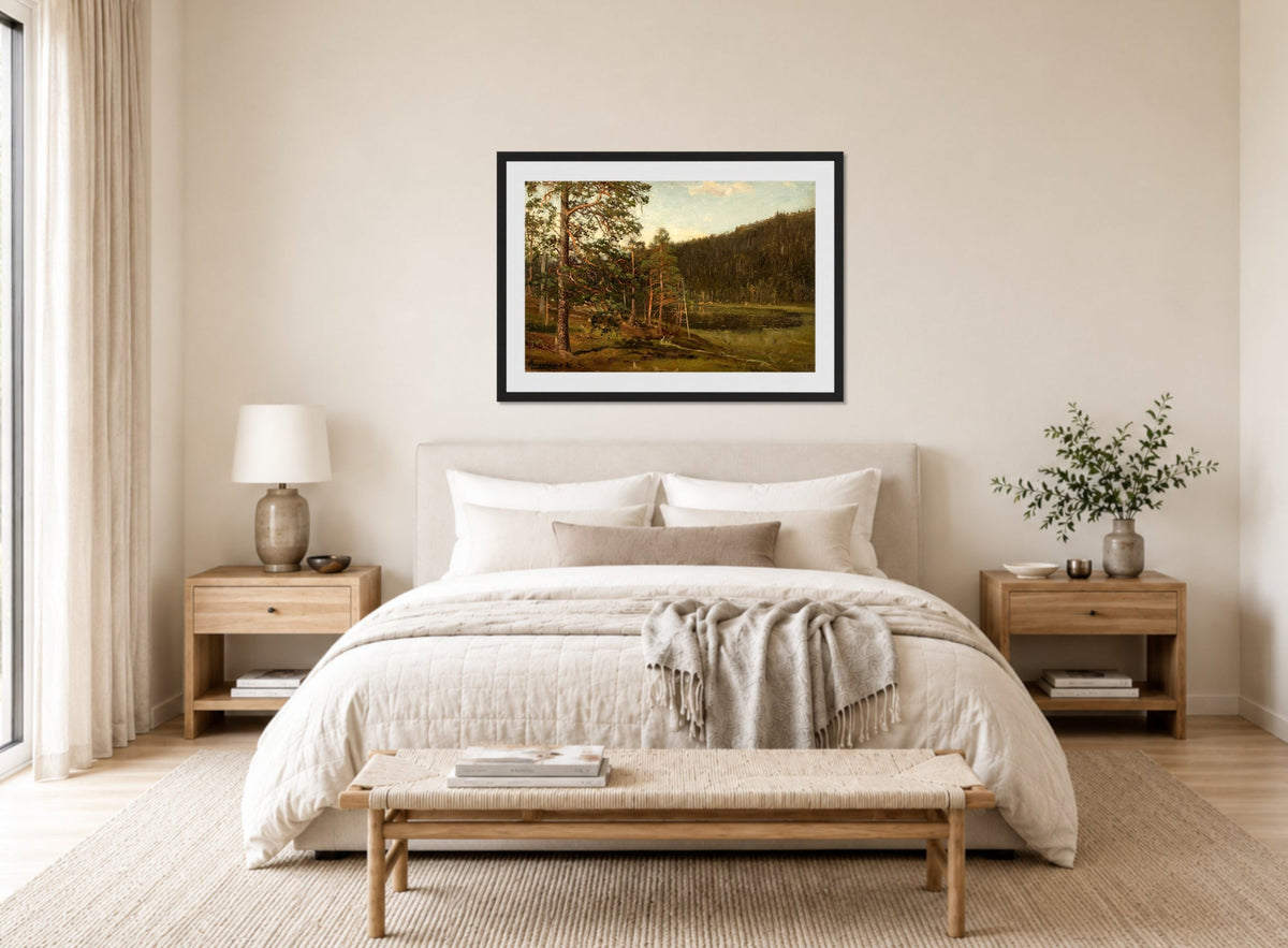 Amaldus Nielsen Print, Tjern, Levanger (1871) displayed above a bed