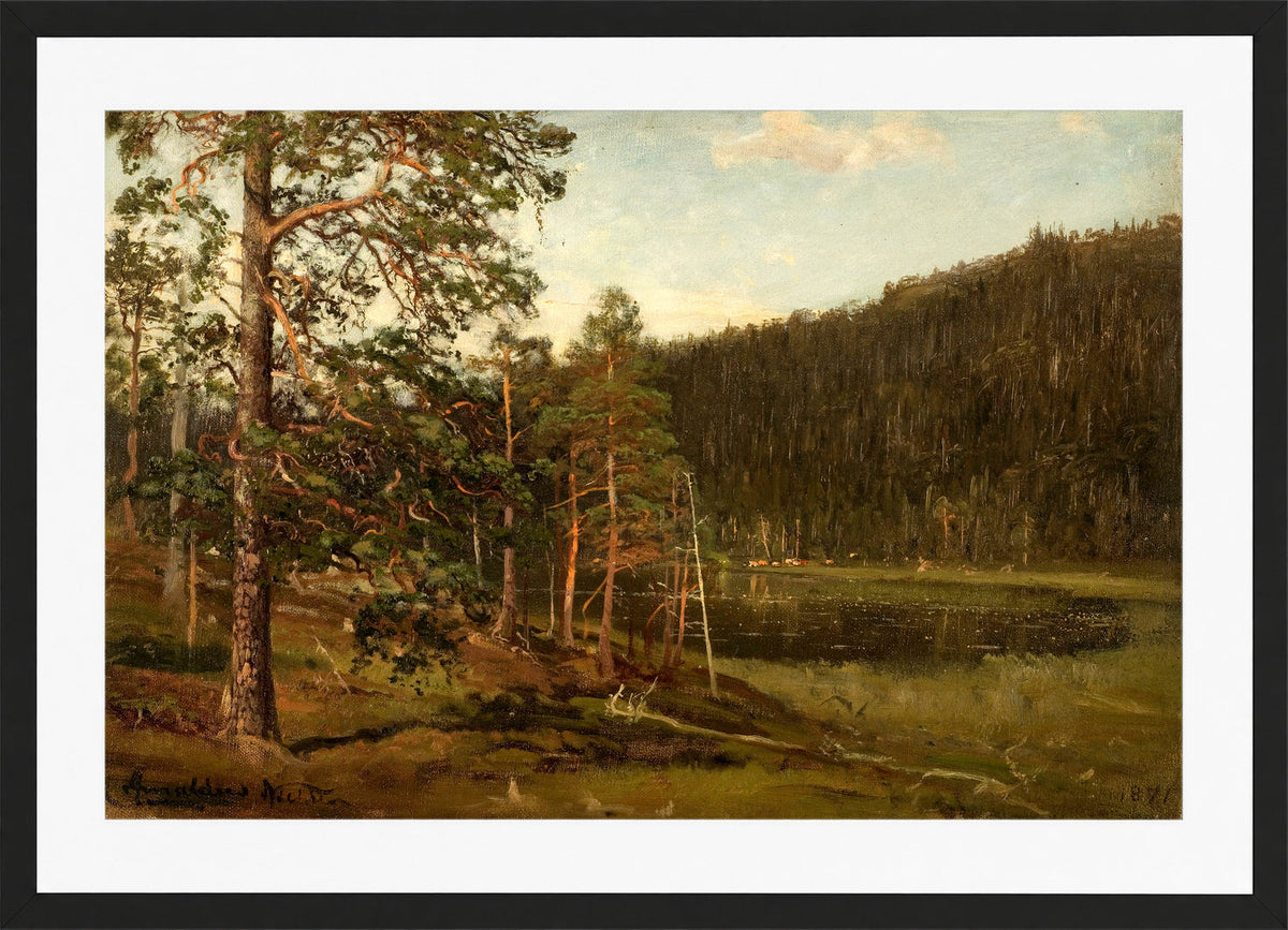 Amaldus Nielsen Print, Tjern, Levanger (1871) in a black frame