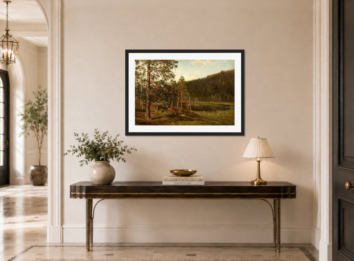 Amaldus Nielsen Print, Tjern, Levanger (1871) displayed above a console table