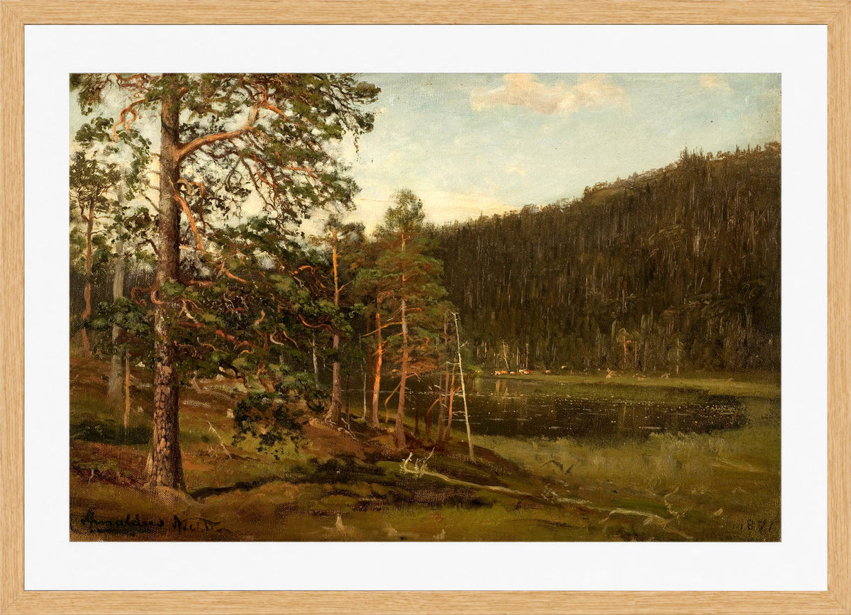 Amaldus Nielsen Print, Tjern, Levanger (1871) in a light oak frame