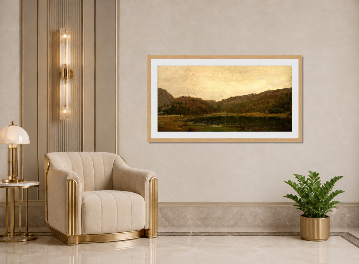 Amaldus Nielsen Print, Tjern ved Rølland, Mandal (1873) displayed in an Art Deco interior