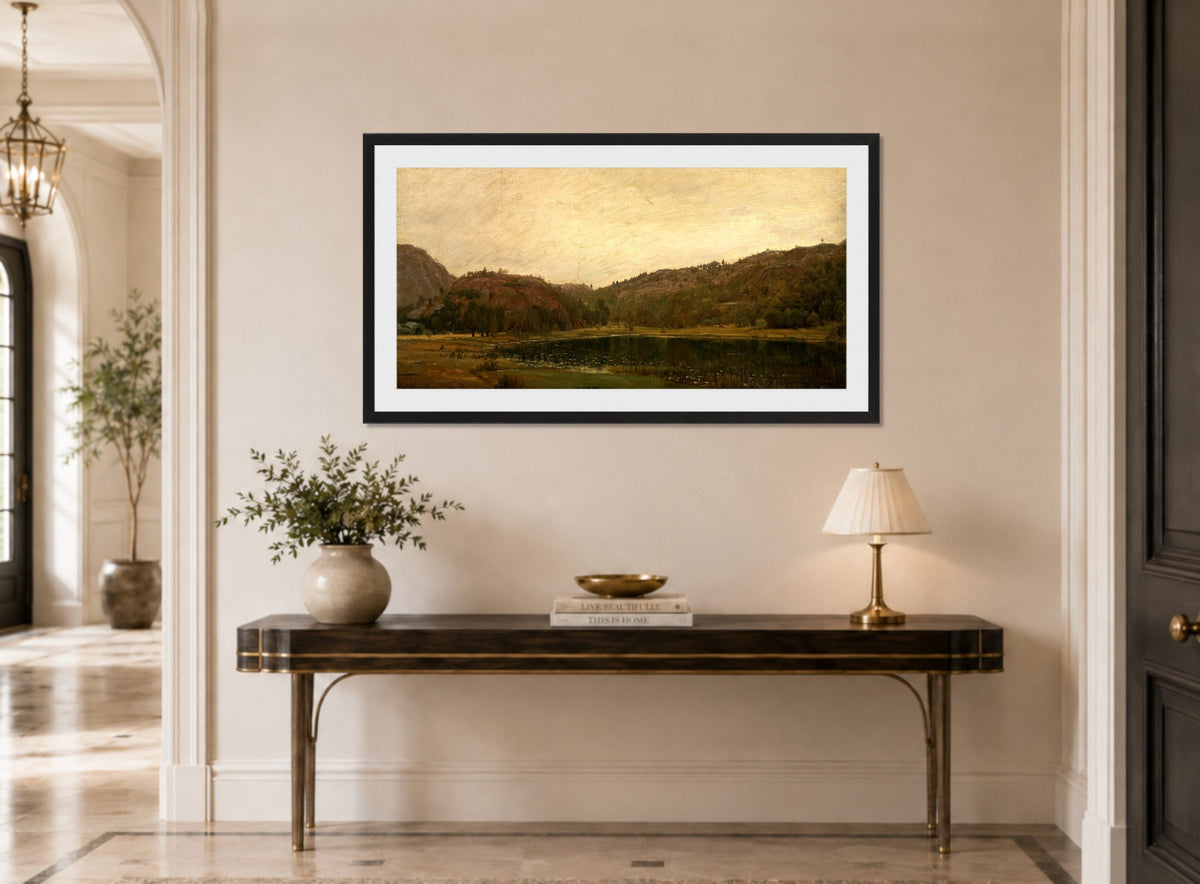 Amaldus Nielsen Print, Tjern ved Rølland, Mandal (1873) displayed above a console table