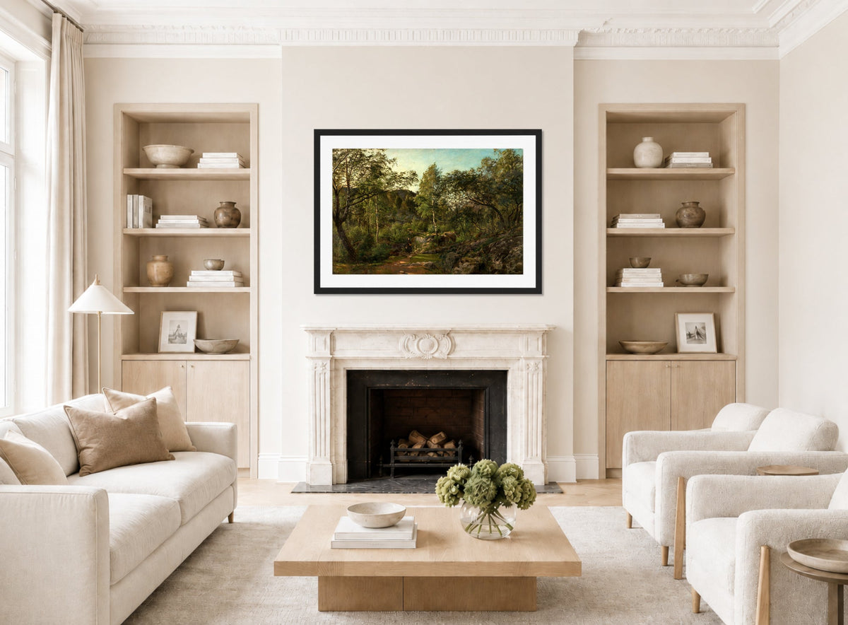 Amaldus Nielsen Print, ‘Ulvegildeskogen’, Mandal (1863) displayed in a Scandinavian living room