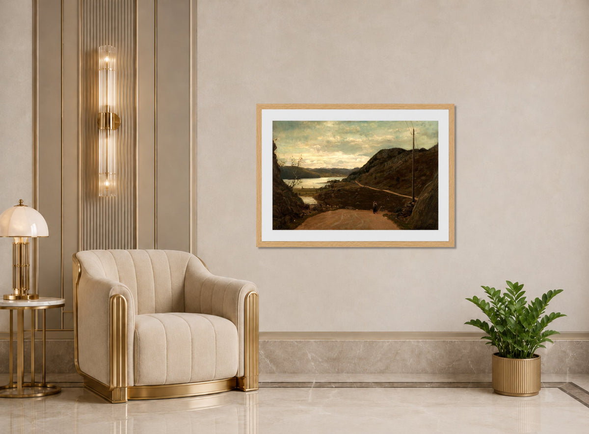 Amaldus Nielsen Print, Ulvegjelsbakken, Mandal (1863) displayed in an Art Deco interior