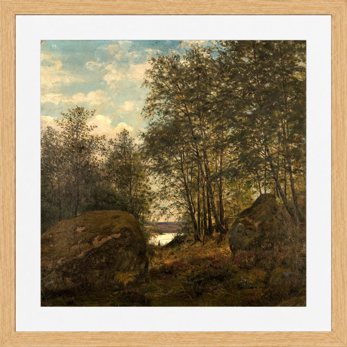 Amaldus Nielsen Print, Ulvegjelskogen, Mandal (1863) in a light oak frame