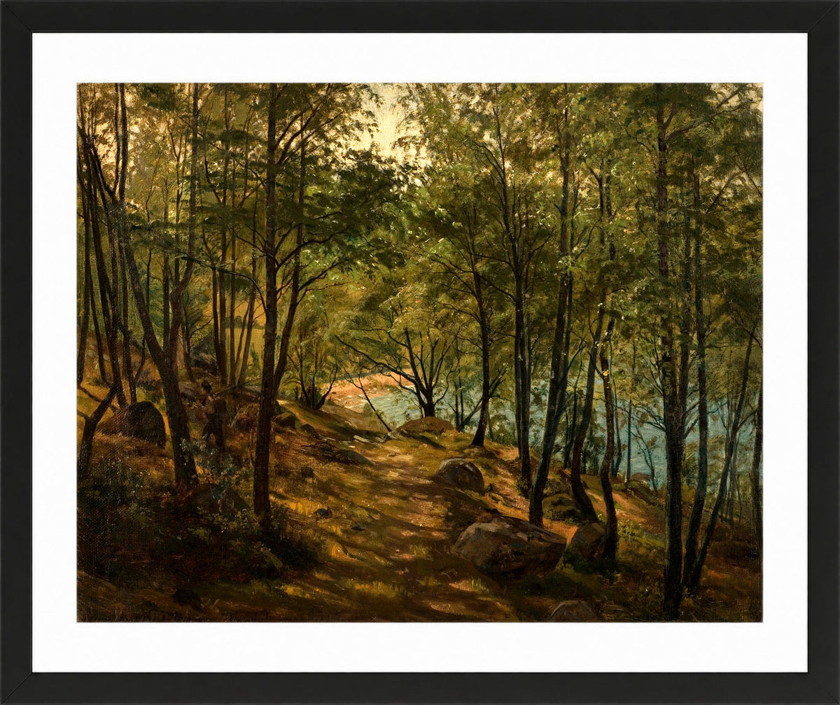 Amaldus Nielsen Print, Ulvegjelskogen, Mandal (1863) in a black frame