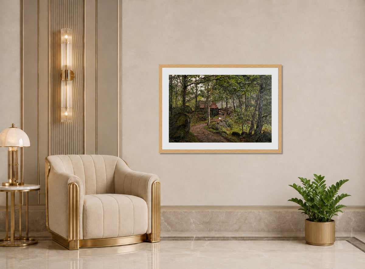 Amaldus Nielsen Print, Under trærne, Hoven ved Mandal (1908) displayed in an Art Deco interior