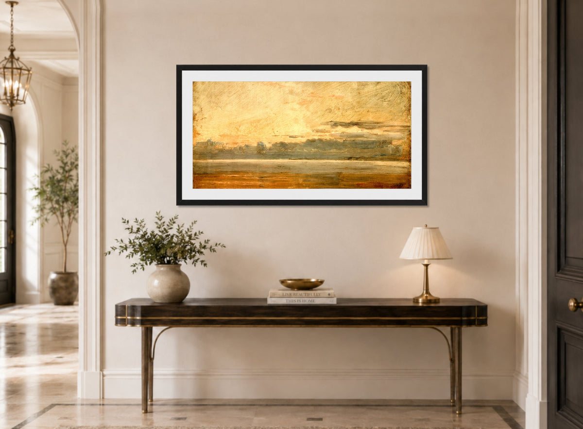Amaldus Nielsen Print, Utenfor Hvaler (1886) displayed above a console table