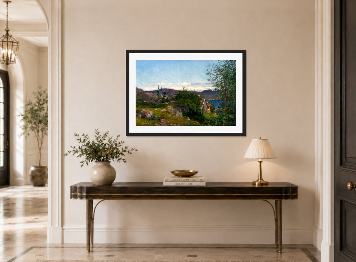 Amaldus Nielsen Print, Ved Gjermundshavn, Hardanger (1859) displayed above a console table
