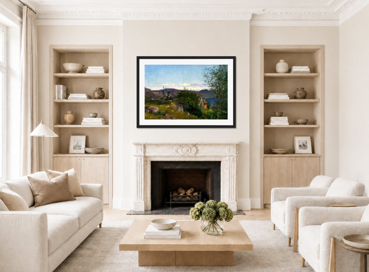 Amaldus Nielsen Print, Ved Gjermundshavn, Hardanger (1859) displayed in a Scandinavian living room