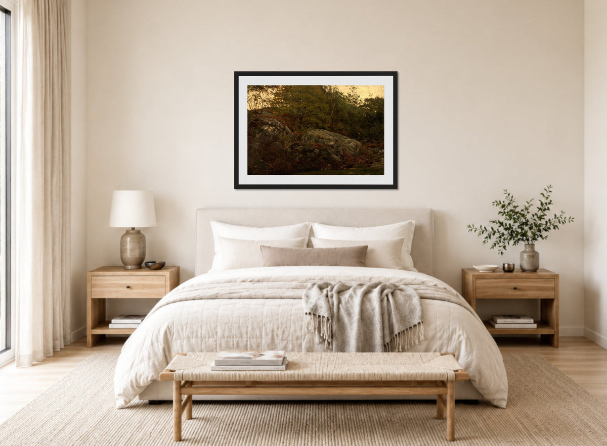 Amaldus Nielsen Print, Ved Mandal (1868) displayed above a bed