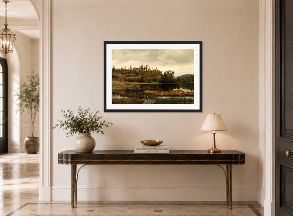 Amaldus Nielsen Print, Ved Oklungen, Porsgrund (1900) displayed above a console table