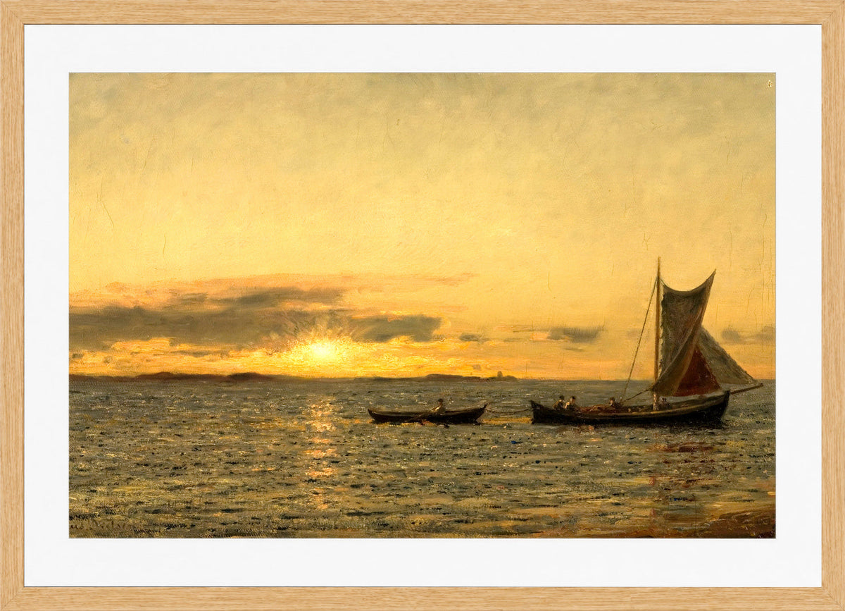 Amaldus Nielsen Print, Ved solnedgang (1916) in a light oak frame