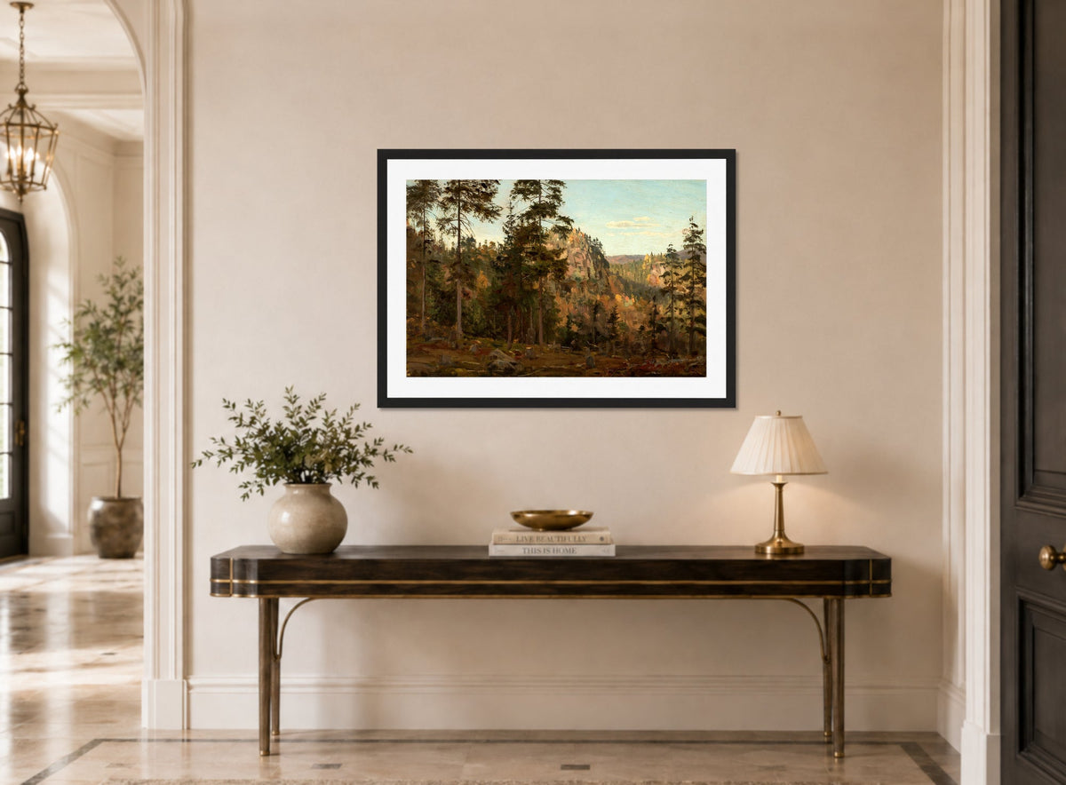 Amaldus Nielsen Print, Ved sundet, Bjelland (1862) displayed above a console table