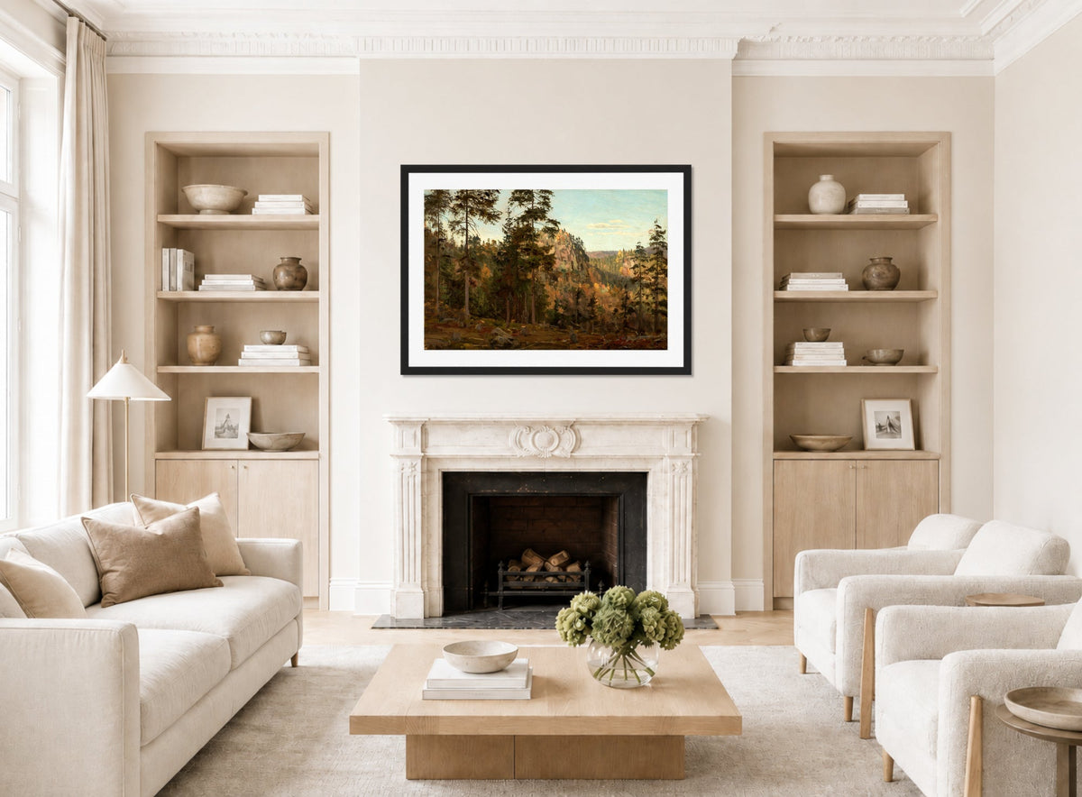 Amaldus Nielsen Print, Ved sundet, Bjelland (1862) displayed in a Scandinavian living room