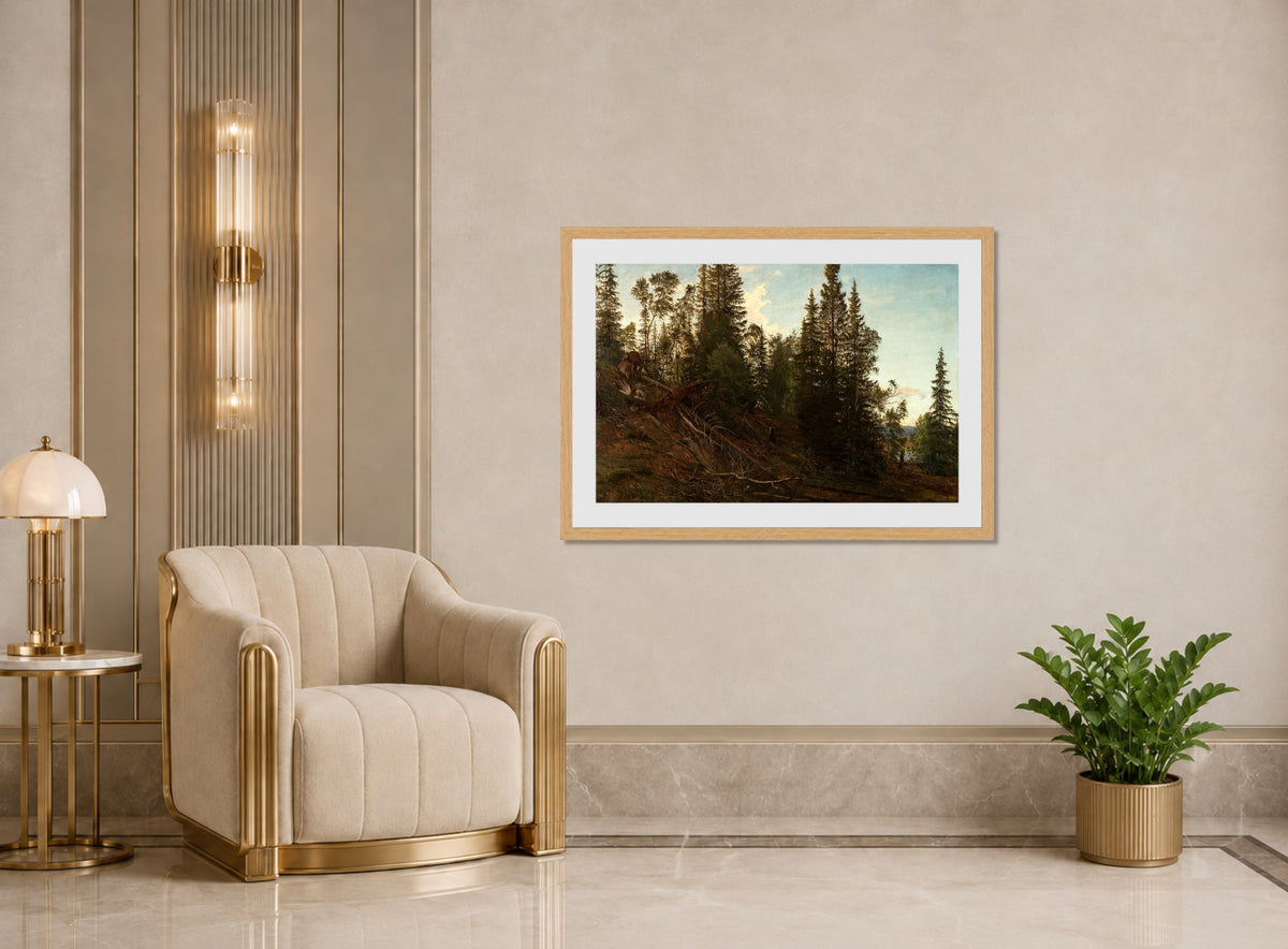 Amaldus Nielsen Print, Vingeråsheia, Telemark (1866) displayed in an Art Deco interior