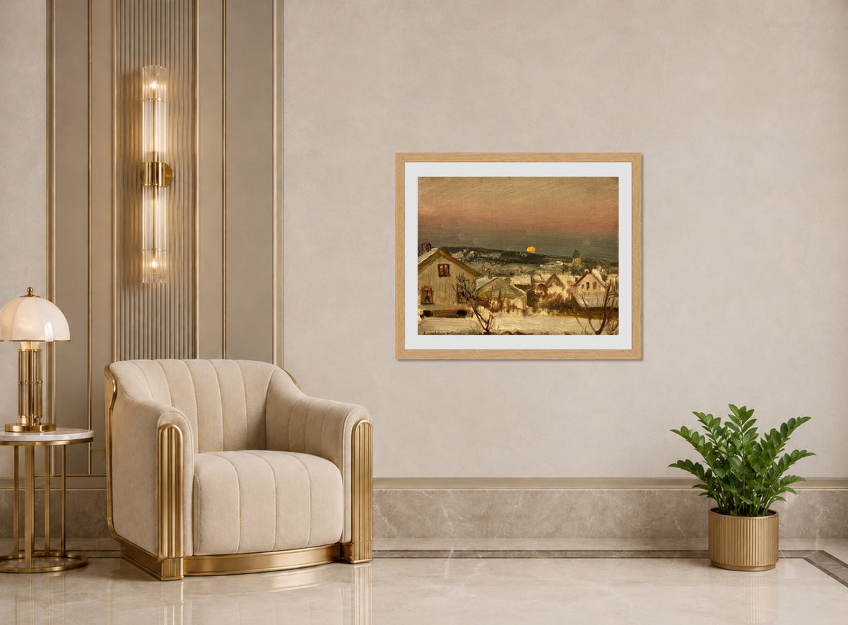 Amaldus Nielsen Print, Vinteraften fra ateliervinduet (1875) displayed in an Art Deco interior