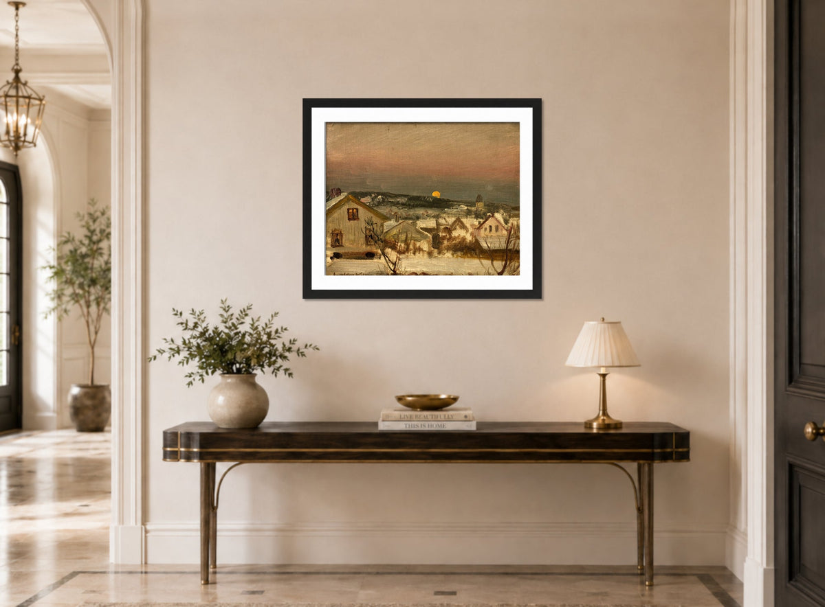 Amaldus Nielsen Print, Vinteraften fra ateliervinduet (1875) displayed above a console table