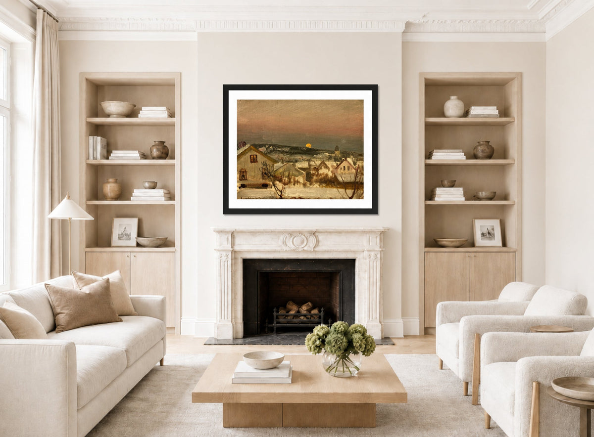 Amaldus Nielsen Print, Vinteraften fra ateliervinduet (1875) displayed in a Scandinavian living room
