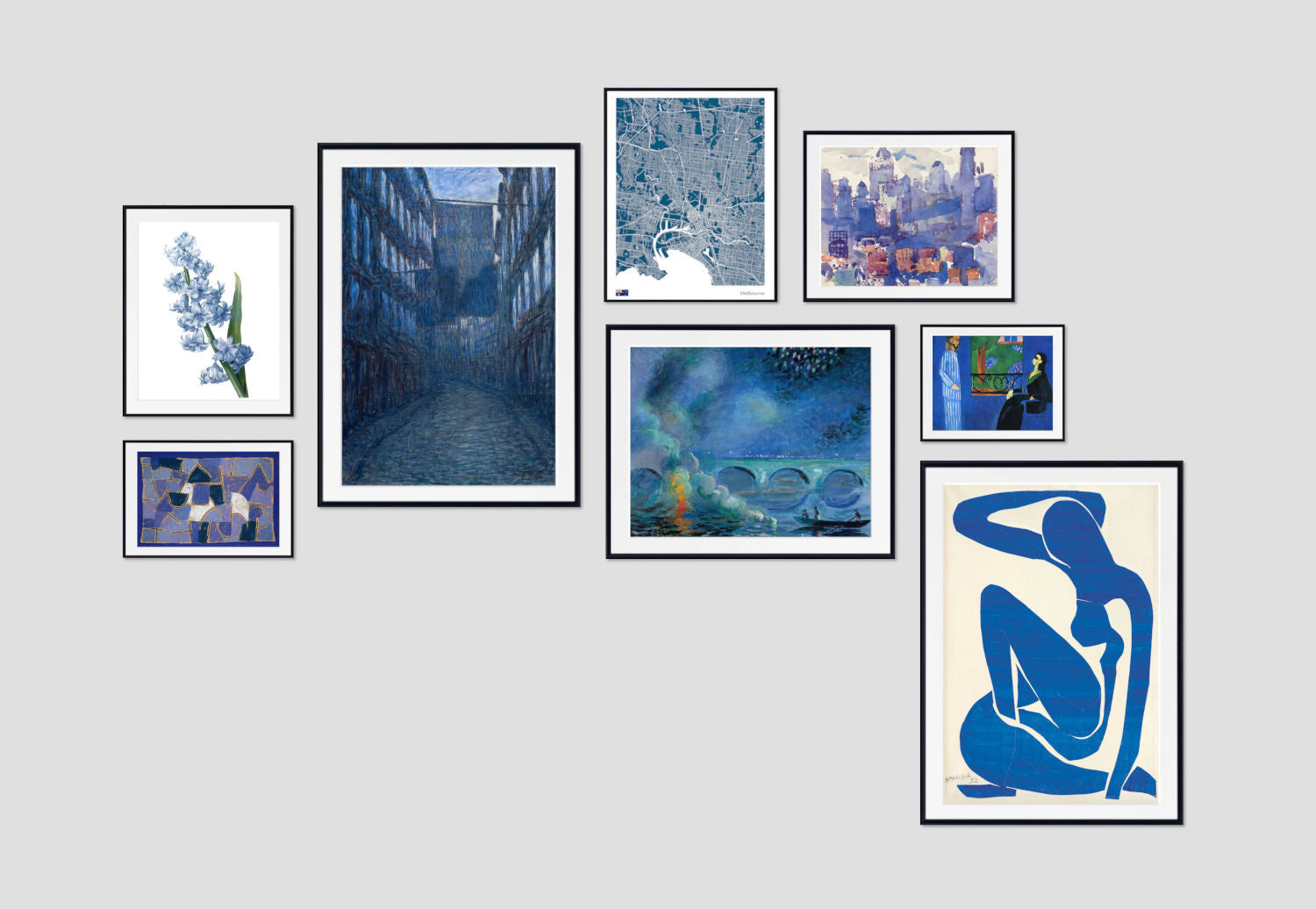 Living Room Classic Art Gallery Wall Set of 8 Cool Blue Framed Prints
