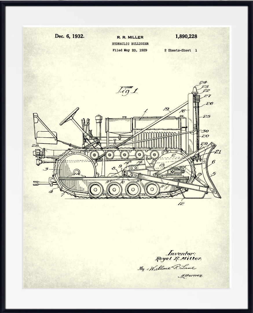 A framed vintage patent print of a bulldozer
