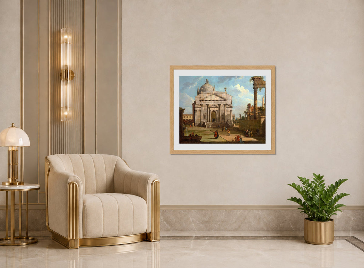 Canaletto Print, A capriccio with the church of the Redentore (1744) — art deco roomset