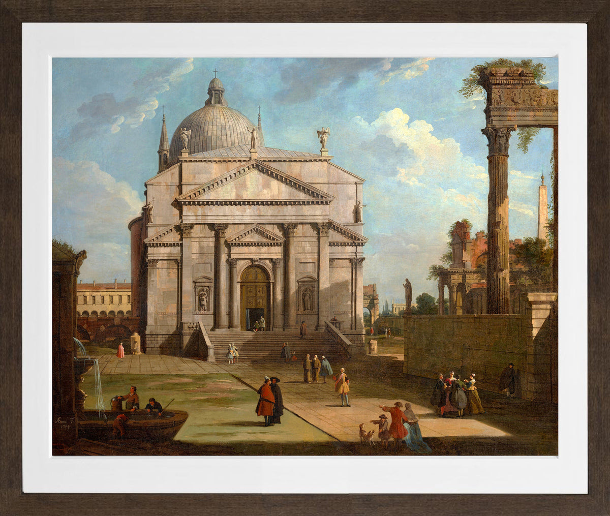 Canaletto Print, A capriccio with the church of the Redentore (1744) — brown frame