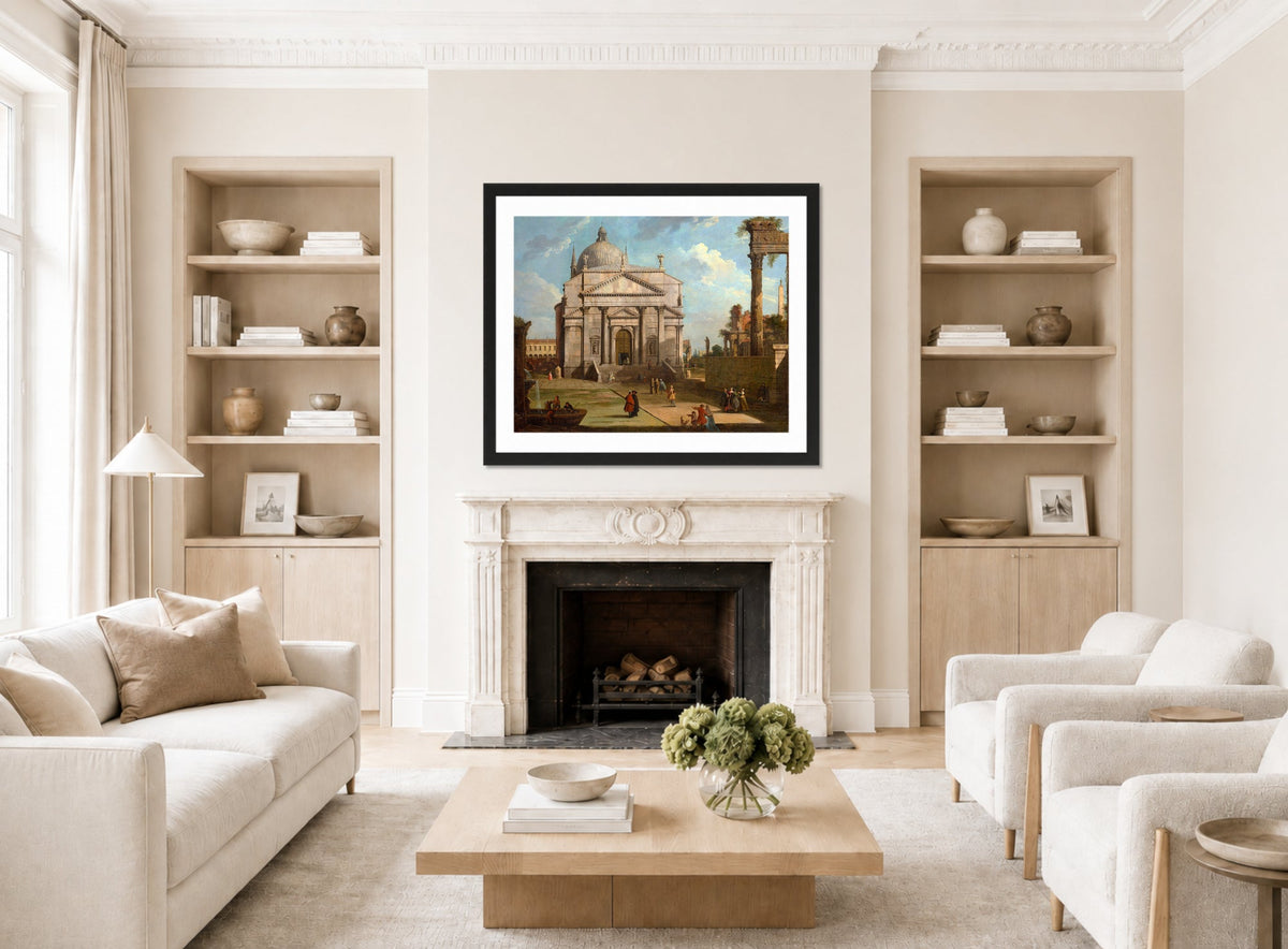 Canaletto Print, A capriccio with the church of the Redentore (1744) — living room roomset