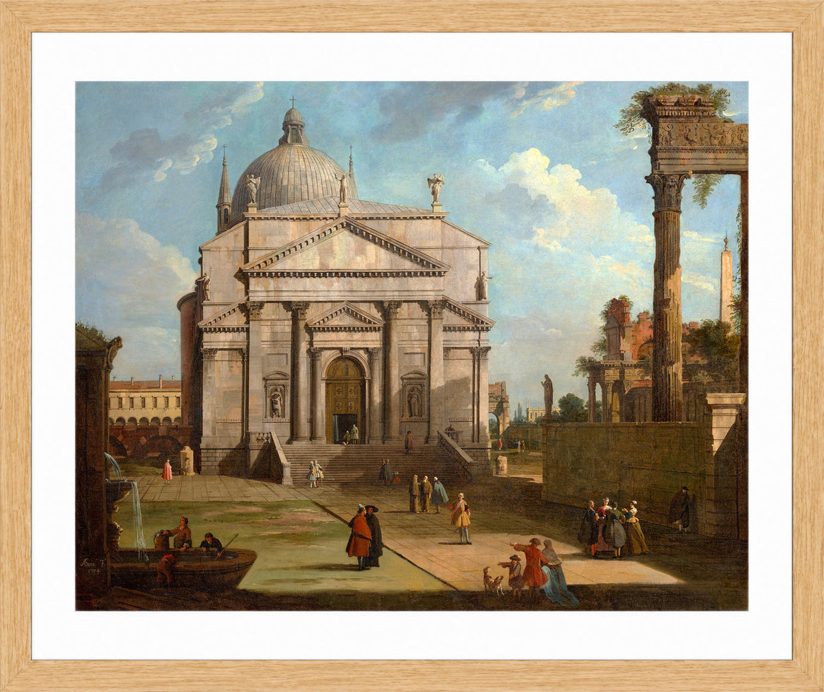Canaletto Print, A capriccio with the church of the Redentore (1744) — oak frame