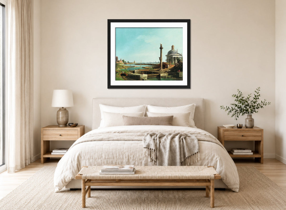 Canaletto Print, A Lock, a Column, and a Church beside a Lagoon — bedroom