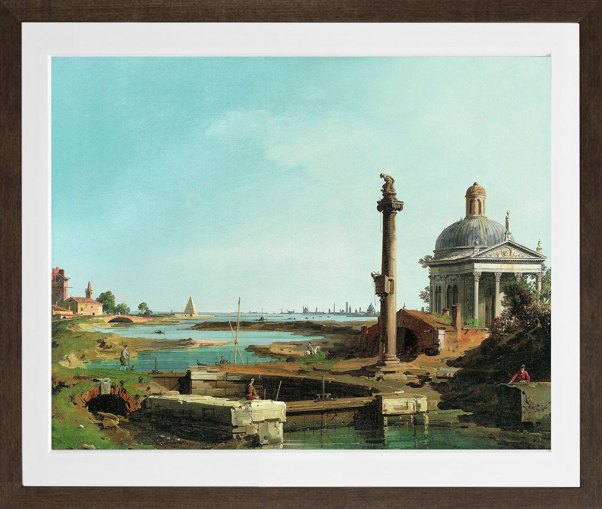Canaletto Print, A Lock, a Column, and a Church beside a Lagoon — brown frame
