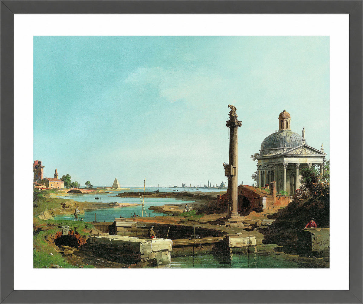 Canaletto Print, A Lock, a Column, and a Church beside a Lagoon — dark grey frame