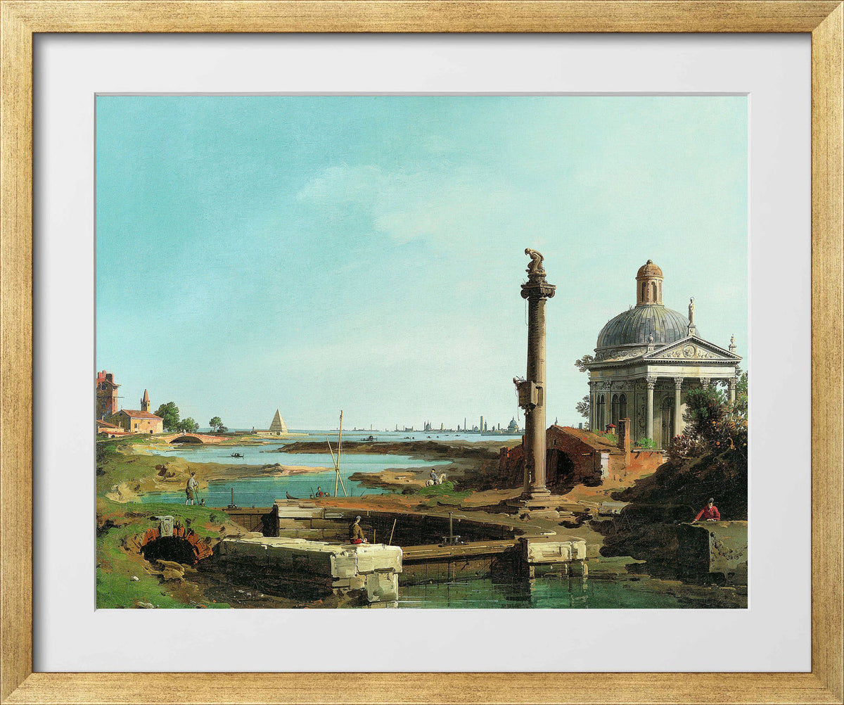 Canaletto Print, A Lock, a Column, and a Church beside a Lagoon — gold frame
