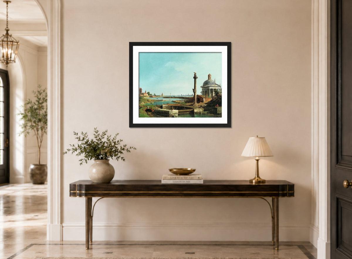 Canaletto Print, A Lock, a Column, and a Church beside a Lagoon — hallway