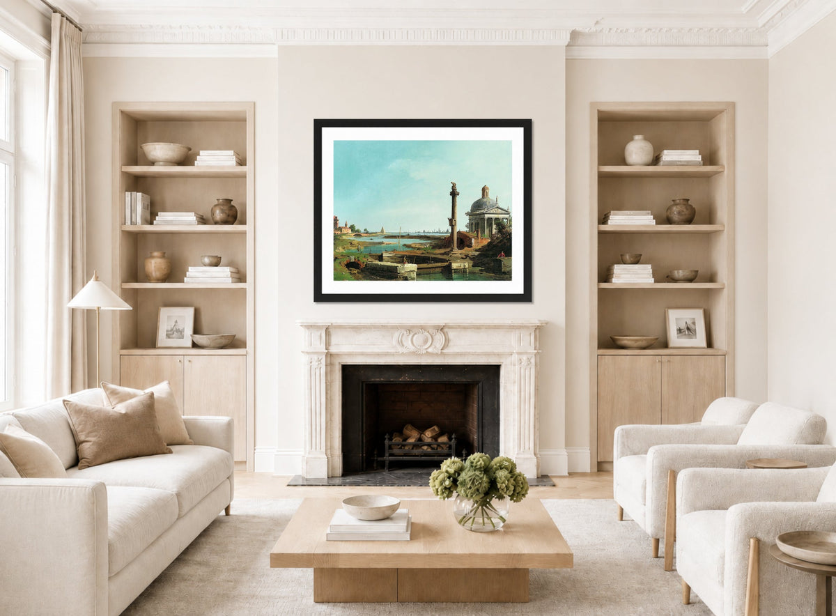 Canaletto Print, A Lock, a Column, and a Church beside a Lagoon — living room roomset